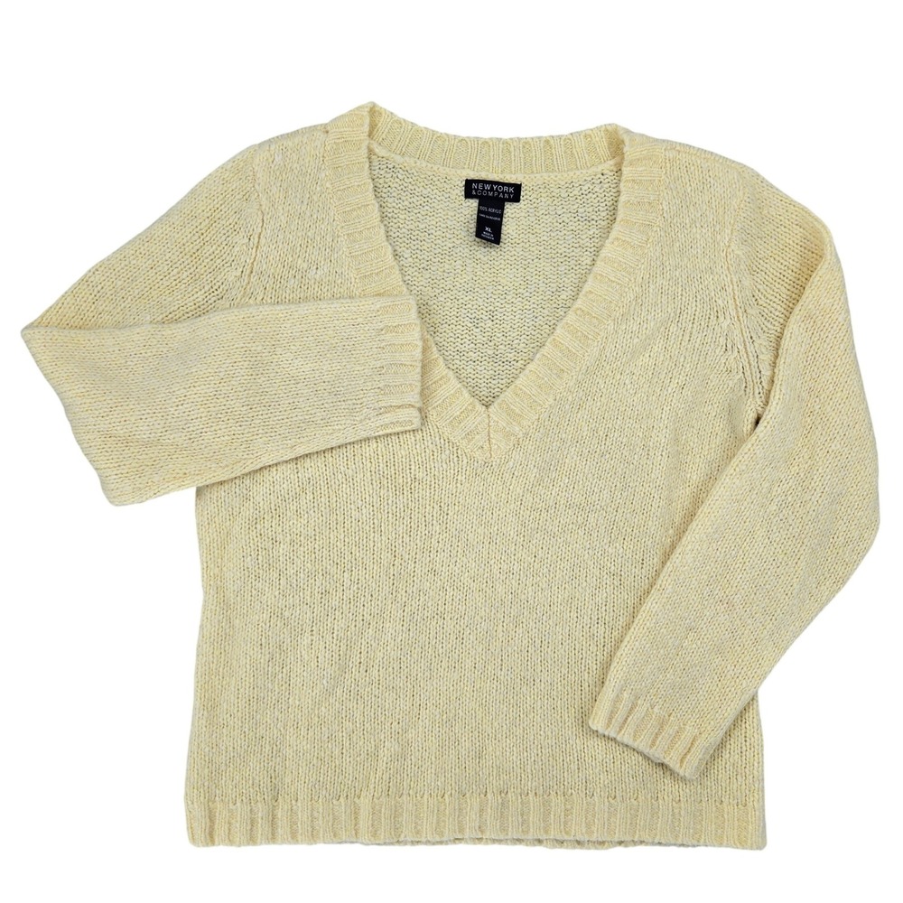 New York & Co XL V-Neck Womens Bright Yellow Knit Pullover Classic Y2K Sweater